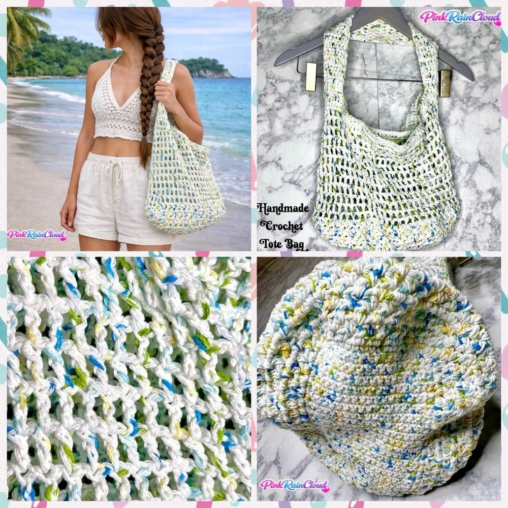 Handmade Crochet Market Beach Eco Friendly 100% Cotton Tote Bag PinkRainCloud